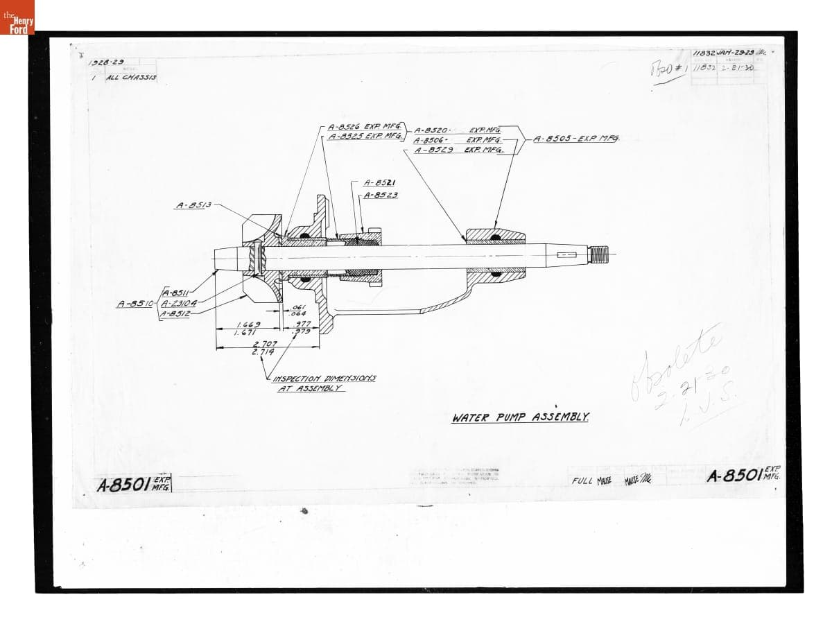 Drawing, "Water Pump Assembly," Ford Model A, February 21, 1930