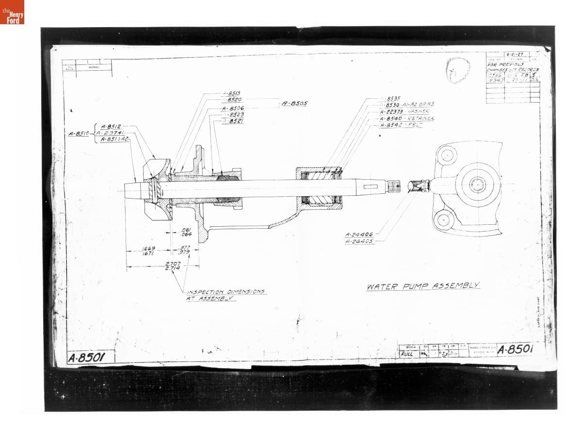 Drawing, "Water Pump Assembly," Ford Model A, February 23, 1931