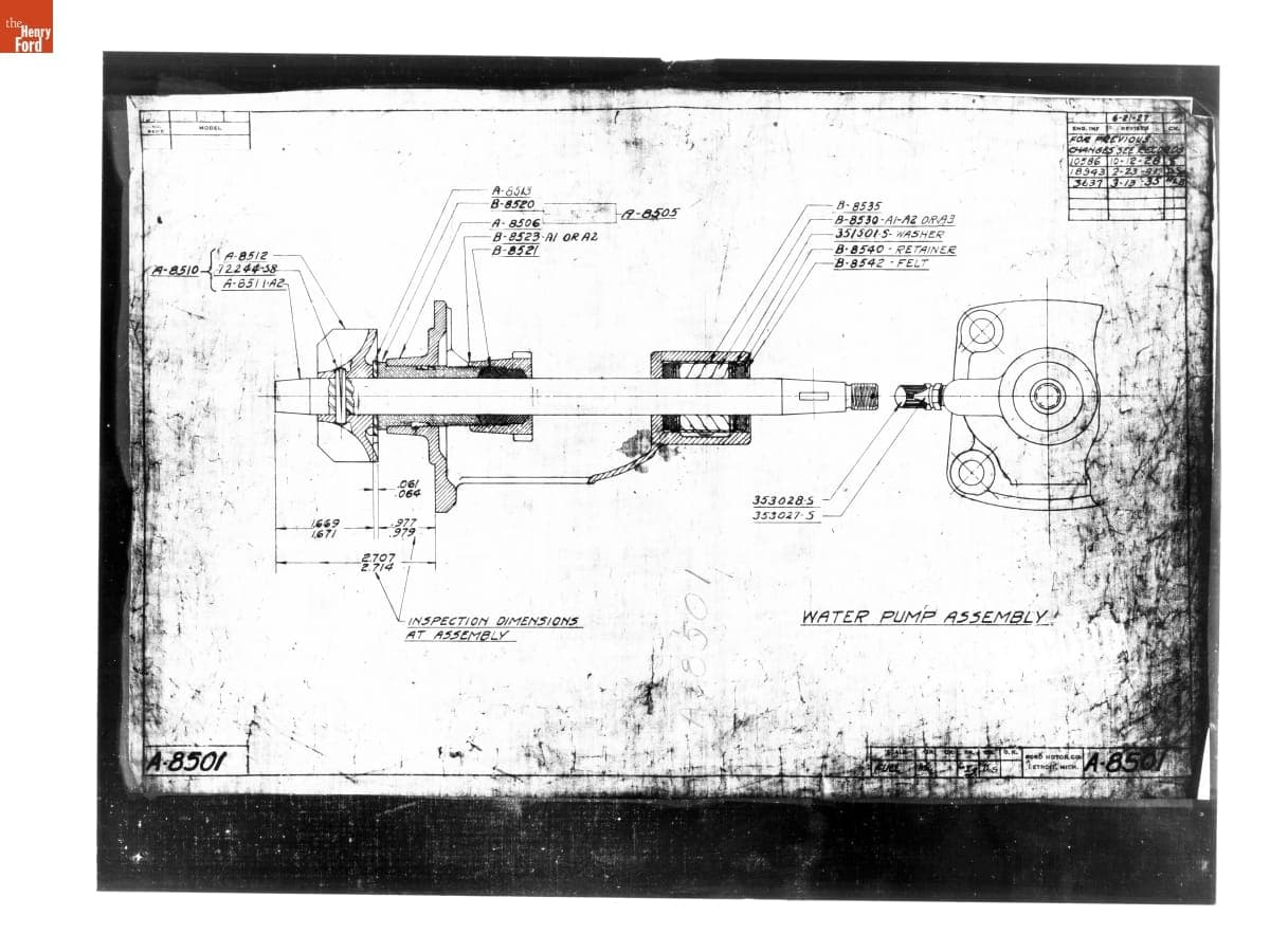 Drawing, "Water Pump Assembly," Ford Model A, March 13, 1935