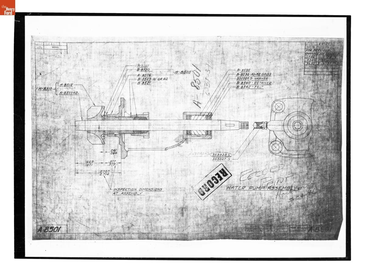Drawing, "Water Pump Assembly," Ford Model A, June 28, 1937