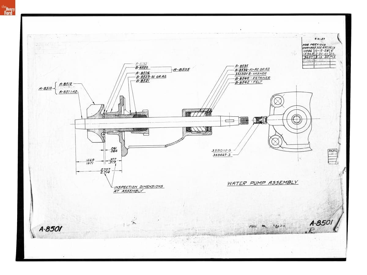 Drawing, "Water Pump Assembly," Ford Model A, July 9, 1946