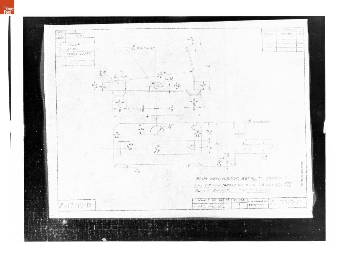 Drawing, "Rear View Mirror Retaining Bracket," Ford Model A, January 31, 1928