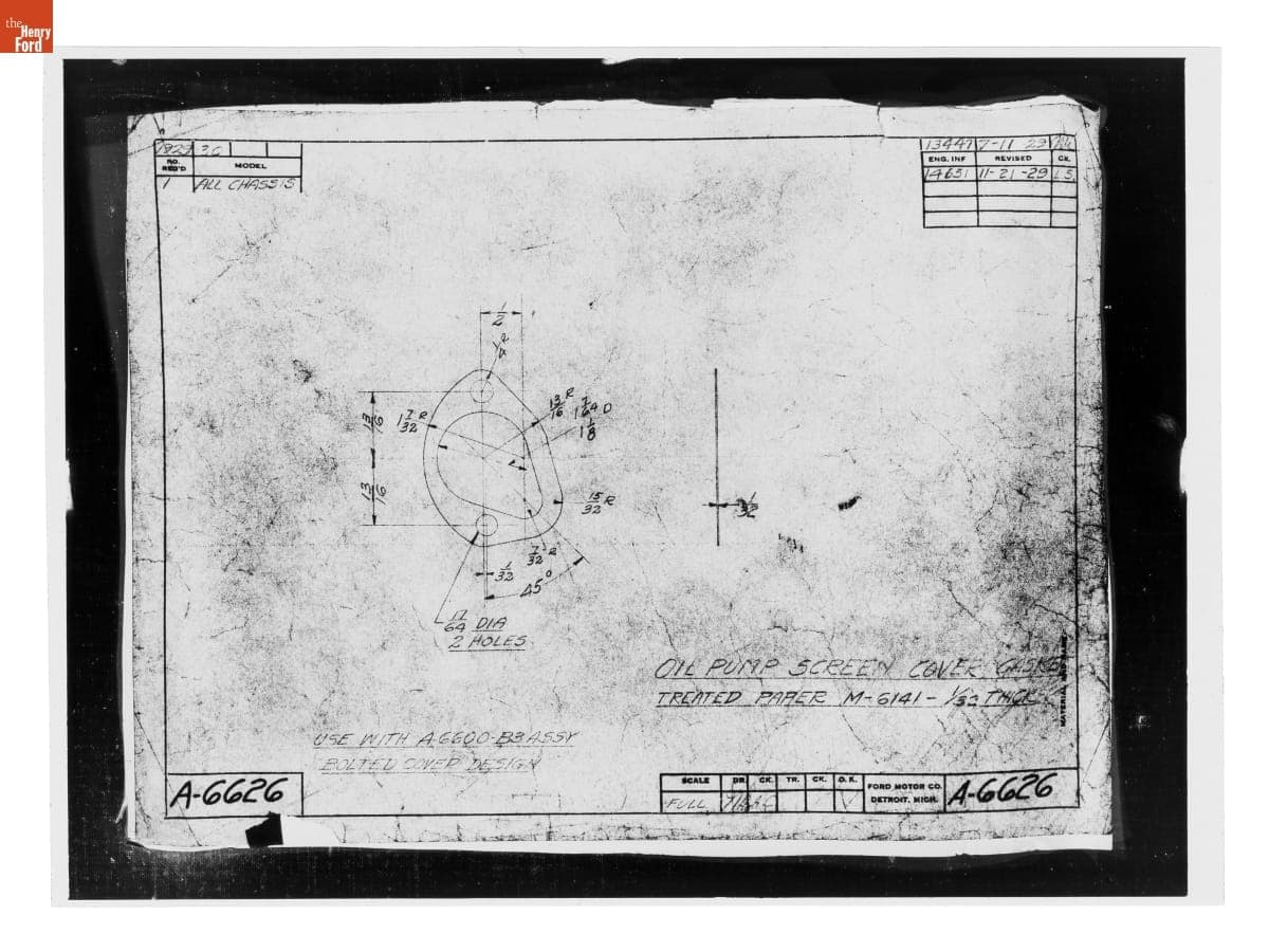 Drawing, "Oil Pump Screen Cover Gasket," Ford Model A, November 21, 1929