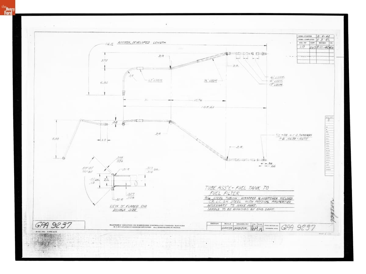 Drawing, "Tube Ass'y. - Fuel Tank to Fuel Filter," Ford GPA, August 21, 1942