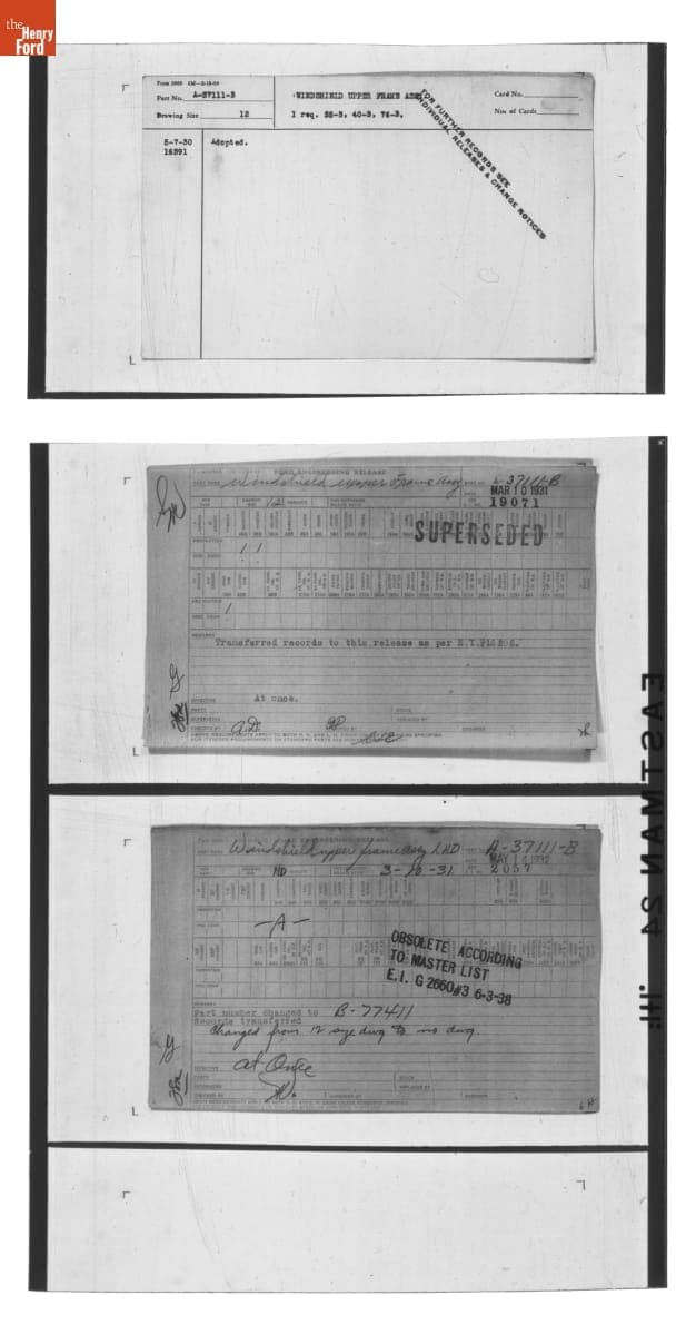 Engineering Release Notes, Windshield Upper Frame Assembly, Ford Model A, 1930-1938