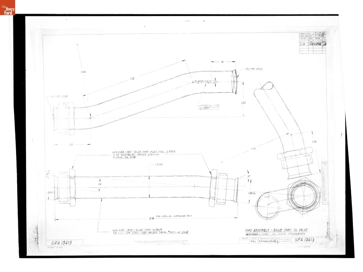 Drawing, "Pipe Assembly - Bilge Pump to Valve," Ford GPA, December 22, 1942
