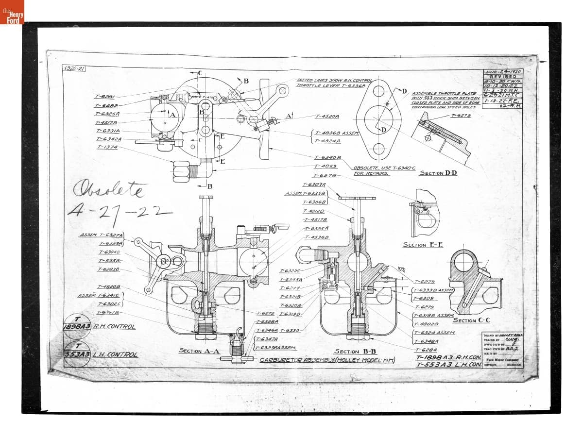 Drawing, "Carburetor Assembly (Holley Model NH)," Ford Model T, January 13, 1922