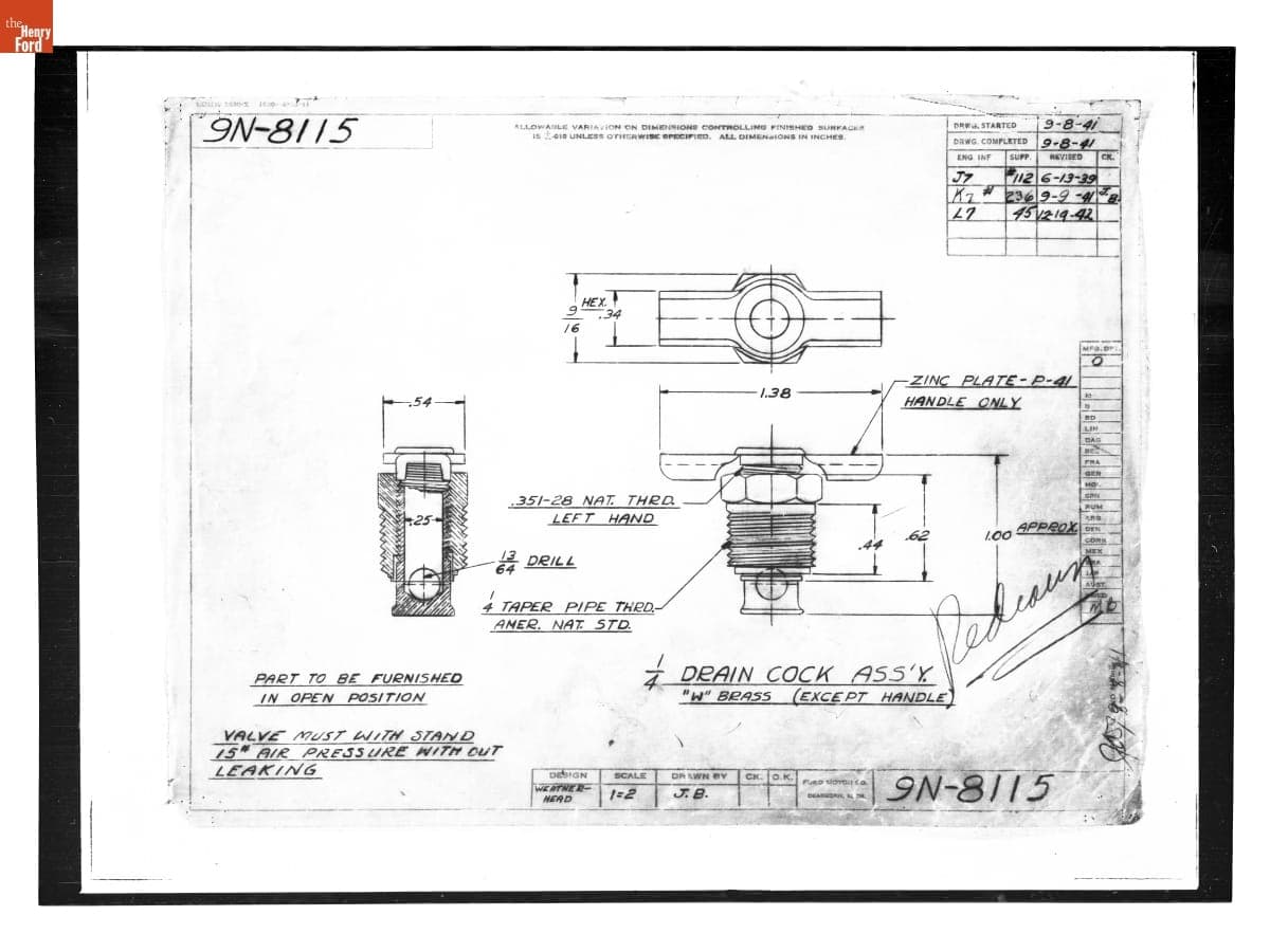 Drawing, "1/4 Drain Cock Assy.," Ford Tractor, December 19, 1942