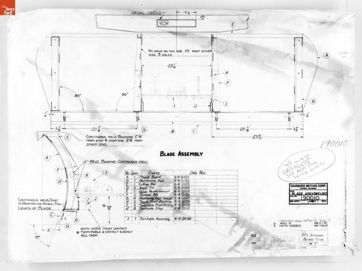Drawing, "Blade Assembly," Snow Plow Attachment for Ford Tractor, March 1, 1948