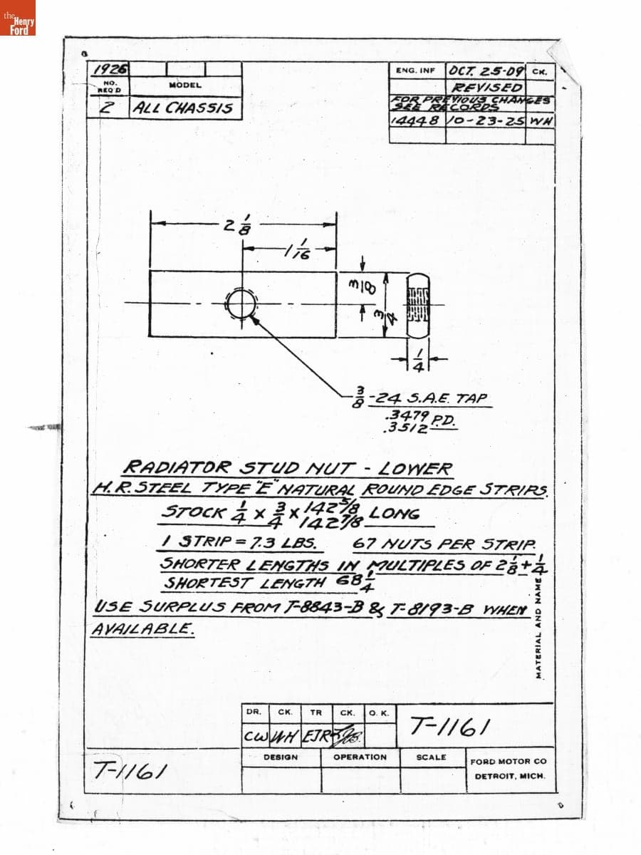 Drawing, "Radiator Stud Nut - Lower," Ford Model T, October 23, 1925
