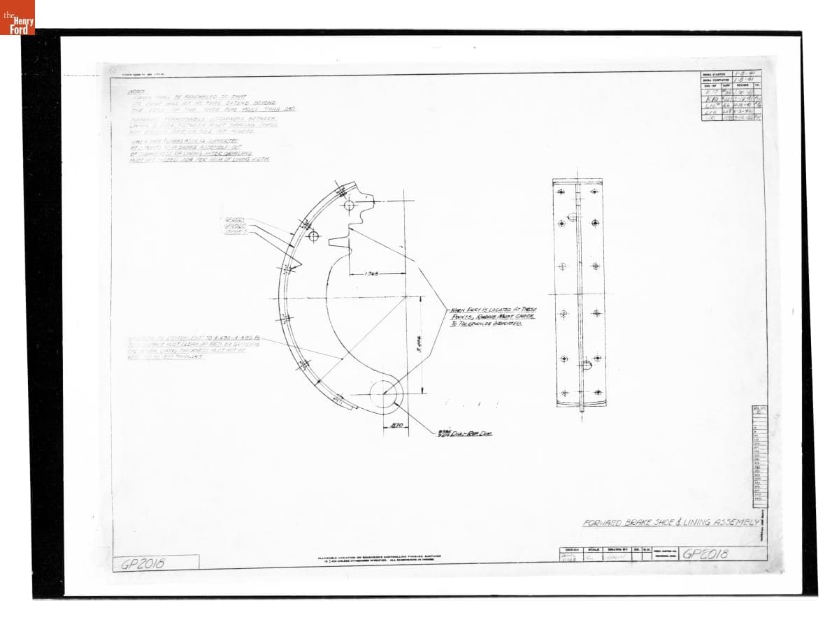 Drawing, "Forward Brake Shoe & Lining Assembly," Ford GP, March 16, 1944