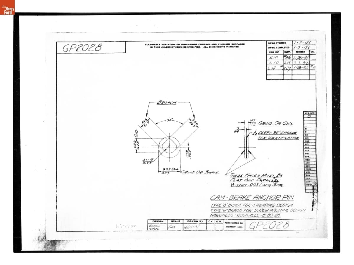 Drawing, "Cam - Brake Anchor Pin," Ford GP, January 28, 1943
