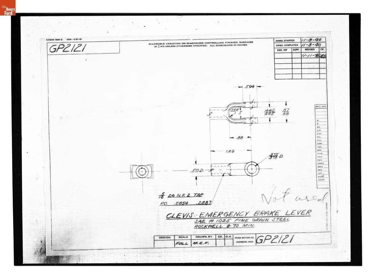 Drawing, "Clevis - Emergency Brake Lever," Ford GP, November 11, 1940