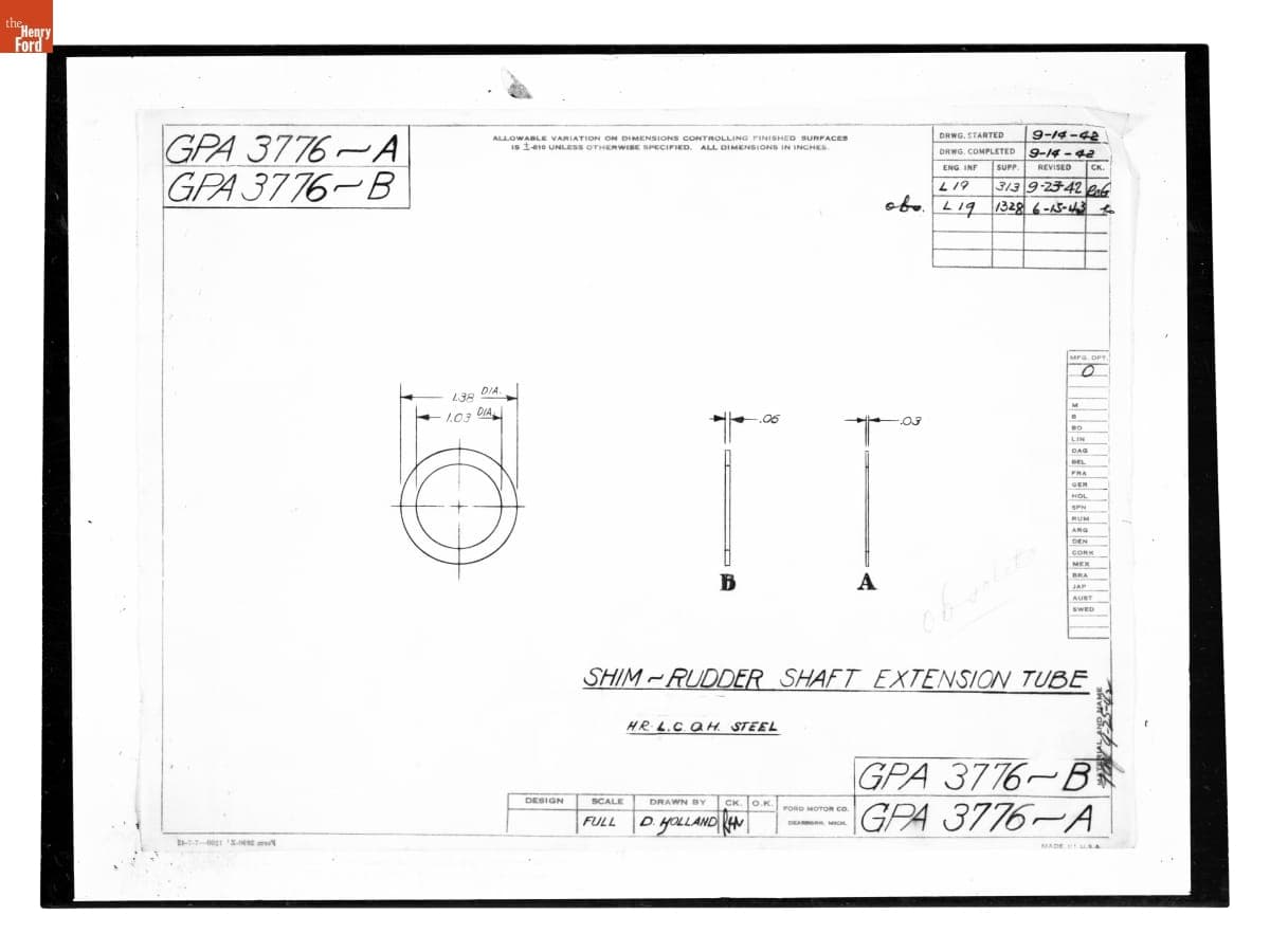 Drawing, "Shim - Rudder Shaft Extension Tube," Ford GPA, June 15, 1943