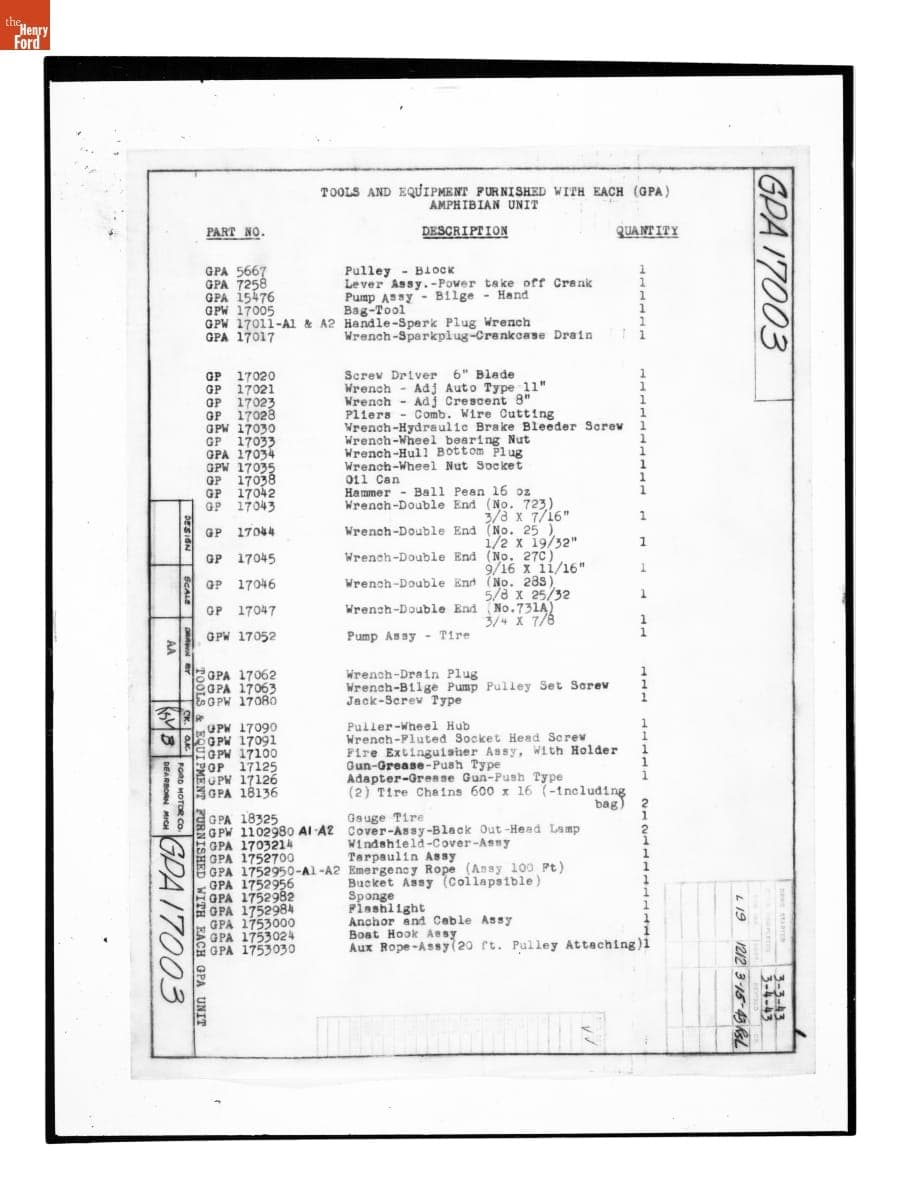 Drawing, "Tools and Equipment Furnished with Each GPA Unit," March 15, 1943