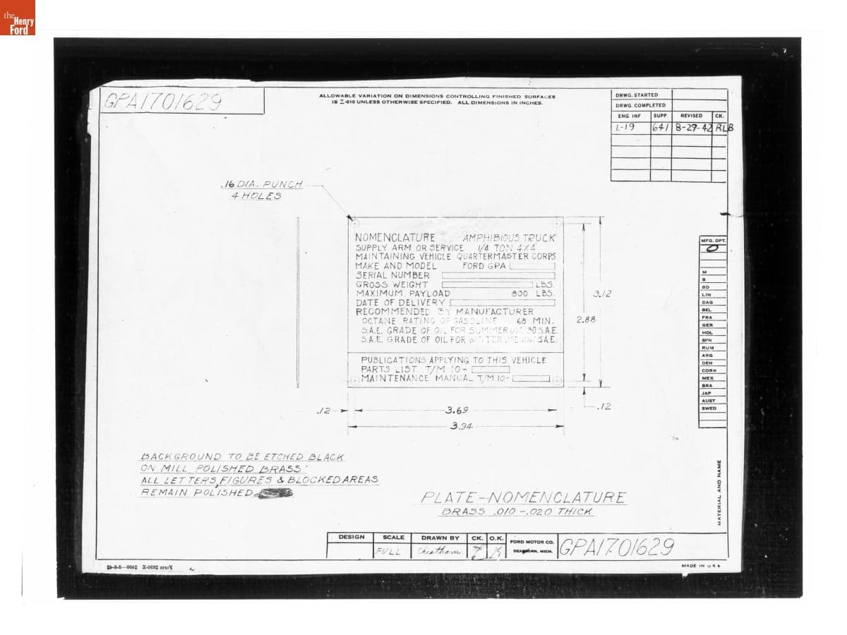 Drawing, "Plate - Nomenclature," Ford GPA, August 29, 1942