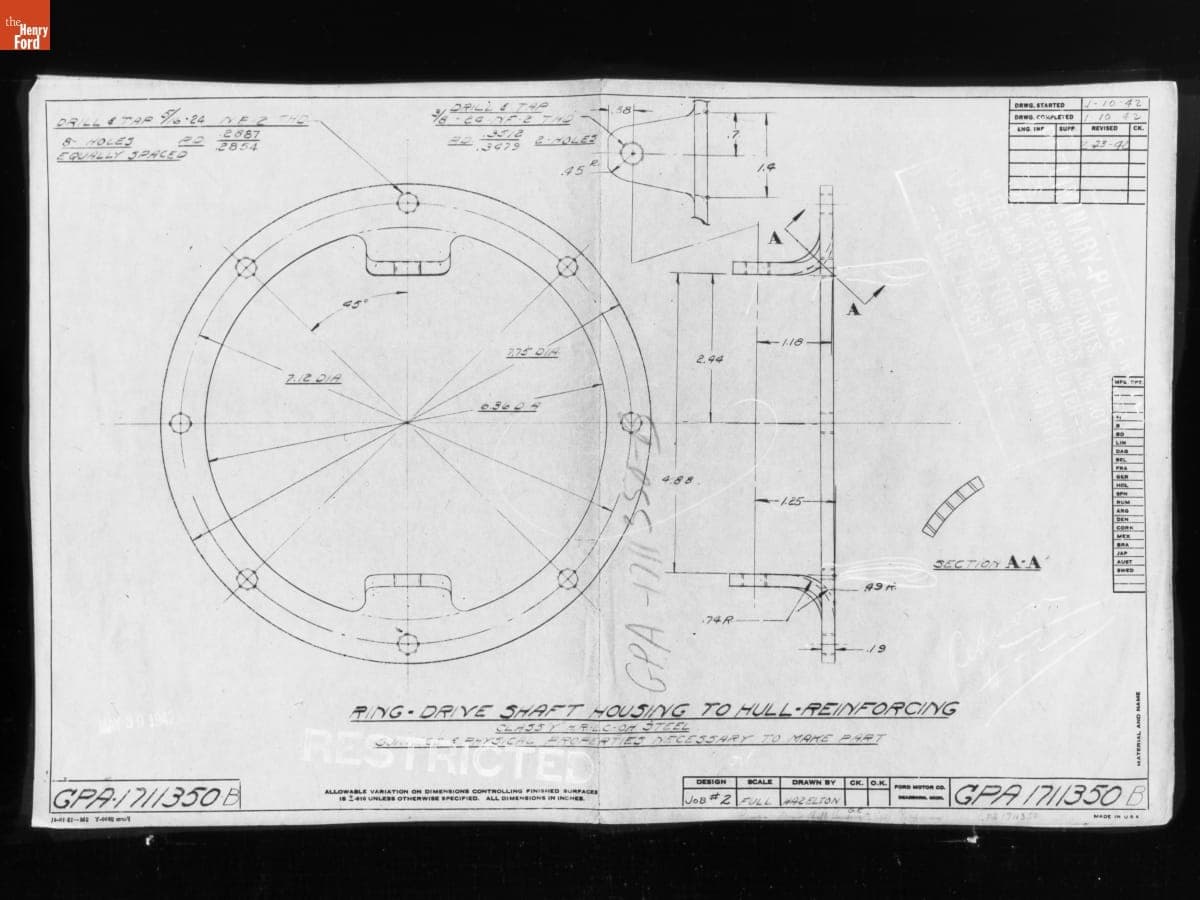 Drawing, "Ring - Drive Shaft Housing to Hull - Reinforcing," Ford GPA, January 23, 1942