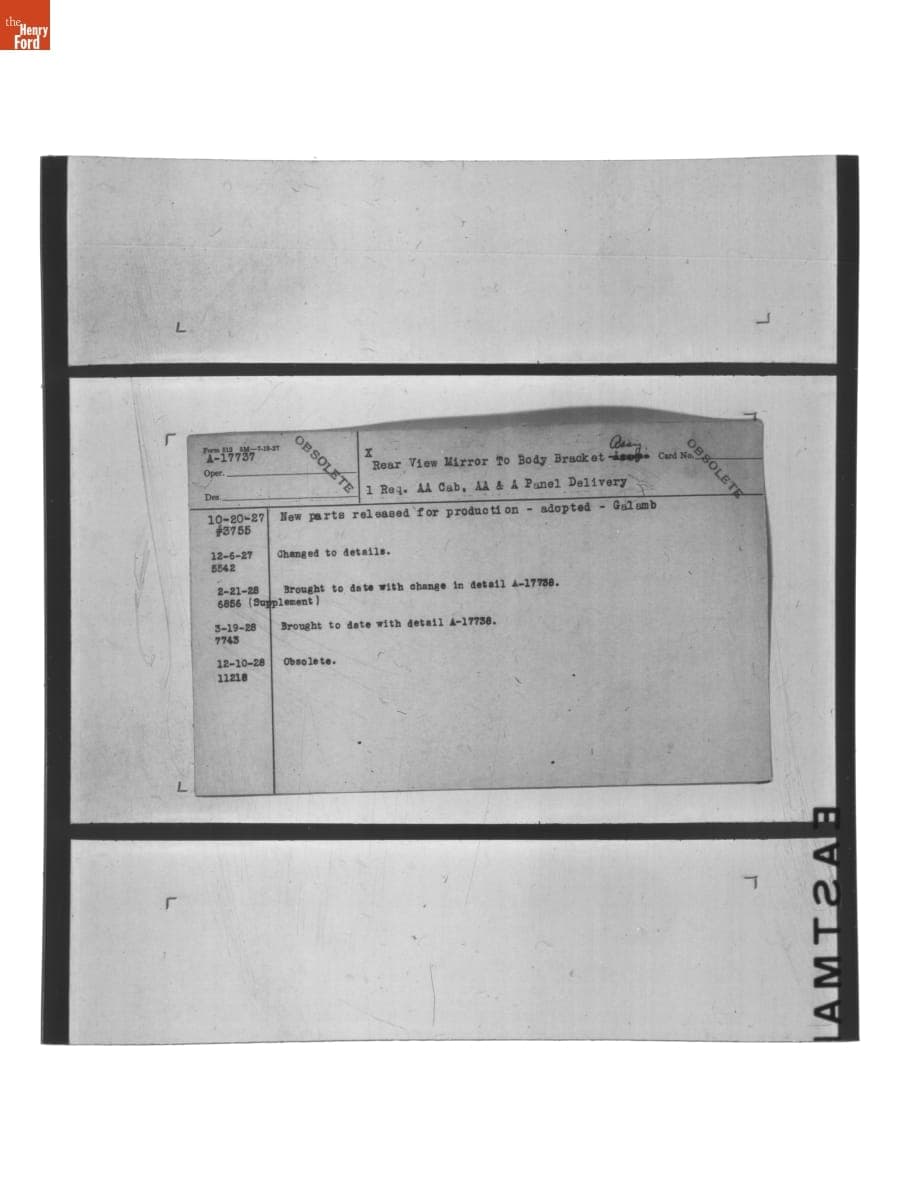 Engineering Release Notes, Rear View Mirror to Body Bracket Assembly, Ford Model A, 1927-1928