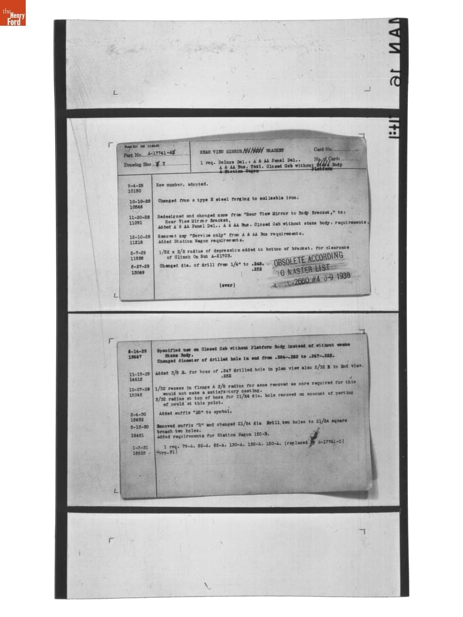 Engineering Release Notes, Rear View Mirror Bracket, Ford Model A, 1928-1938