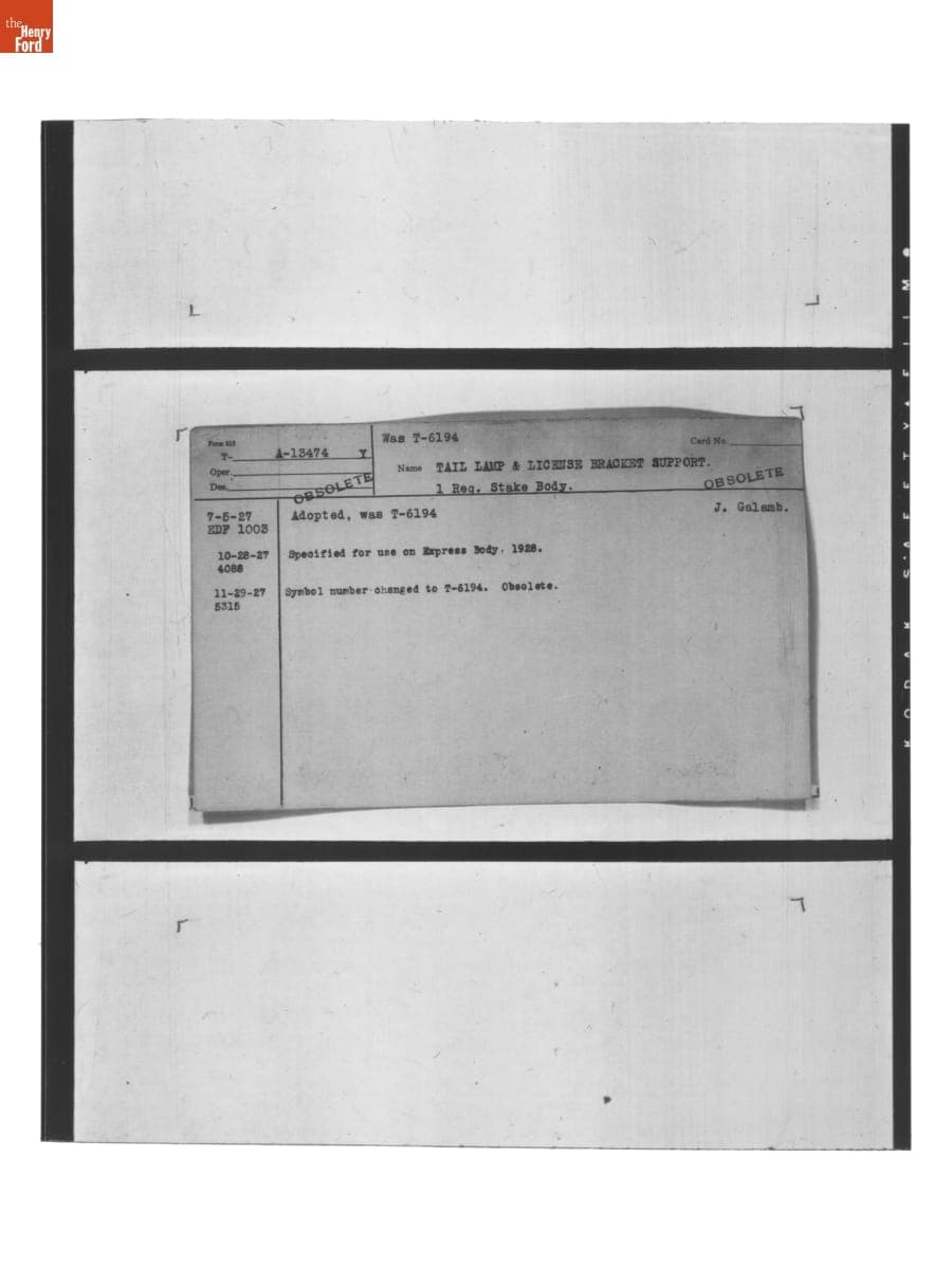 Engineering Release Notes, Tail Lamp & License Bracket Support, Ford Model A, 1927