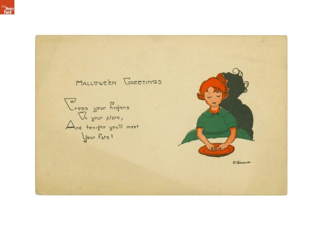 "Hallowe'en Greetings, Cross your fingers on your plate, and tonight you'll meet your fate!" circa 1930