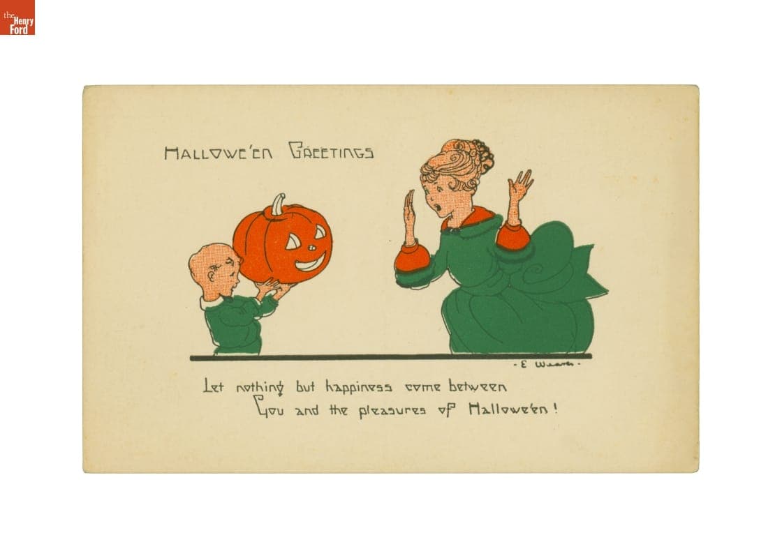 "Hallowe'en Greetings, Let nothing but happiness come between, You and the pleasures of Hallowe'en," circa 1930