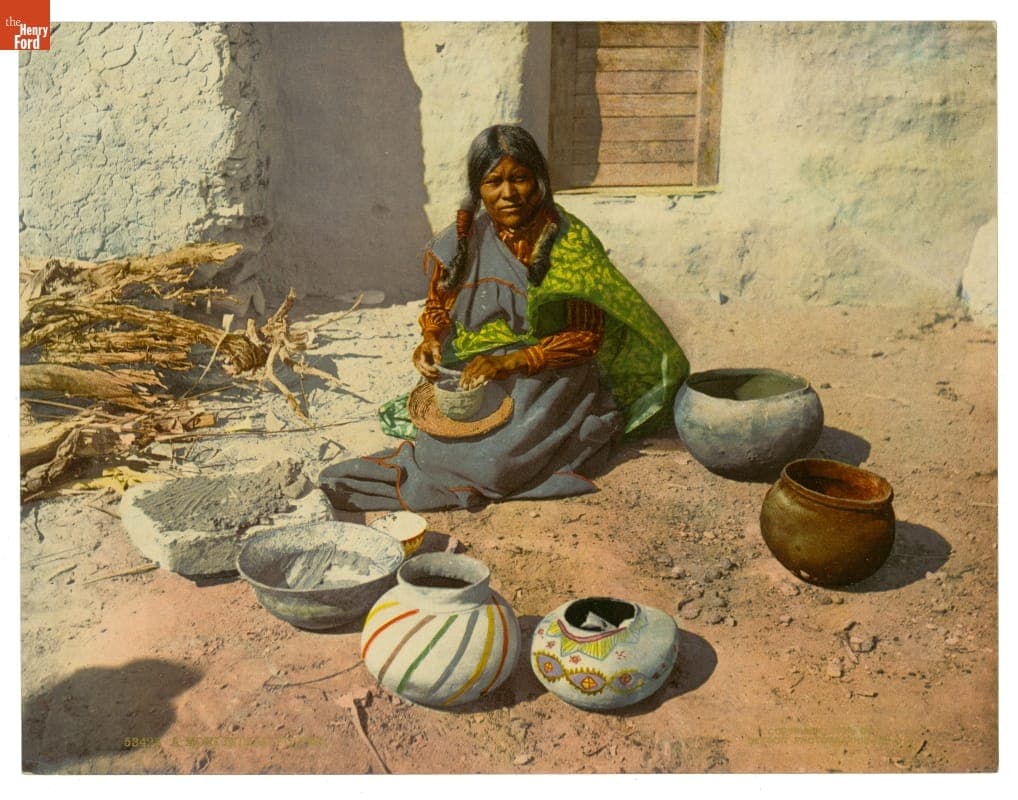 Photochrom Print of a Hopi Woman Making Pottery, 1899