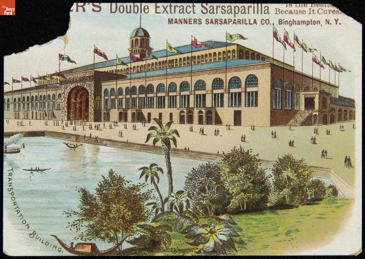 Trade Card for Manners Double Extract Sarsaparilla, "Transportation Building," circa 1893