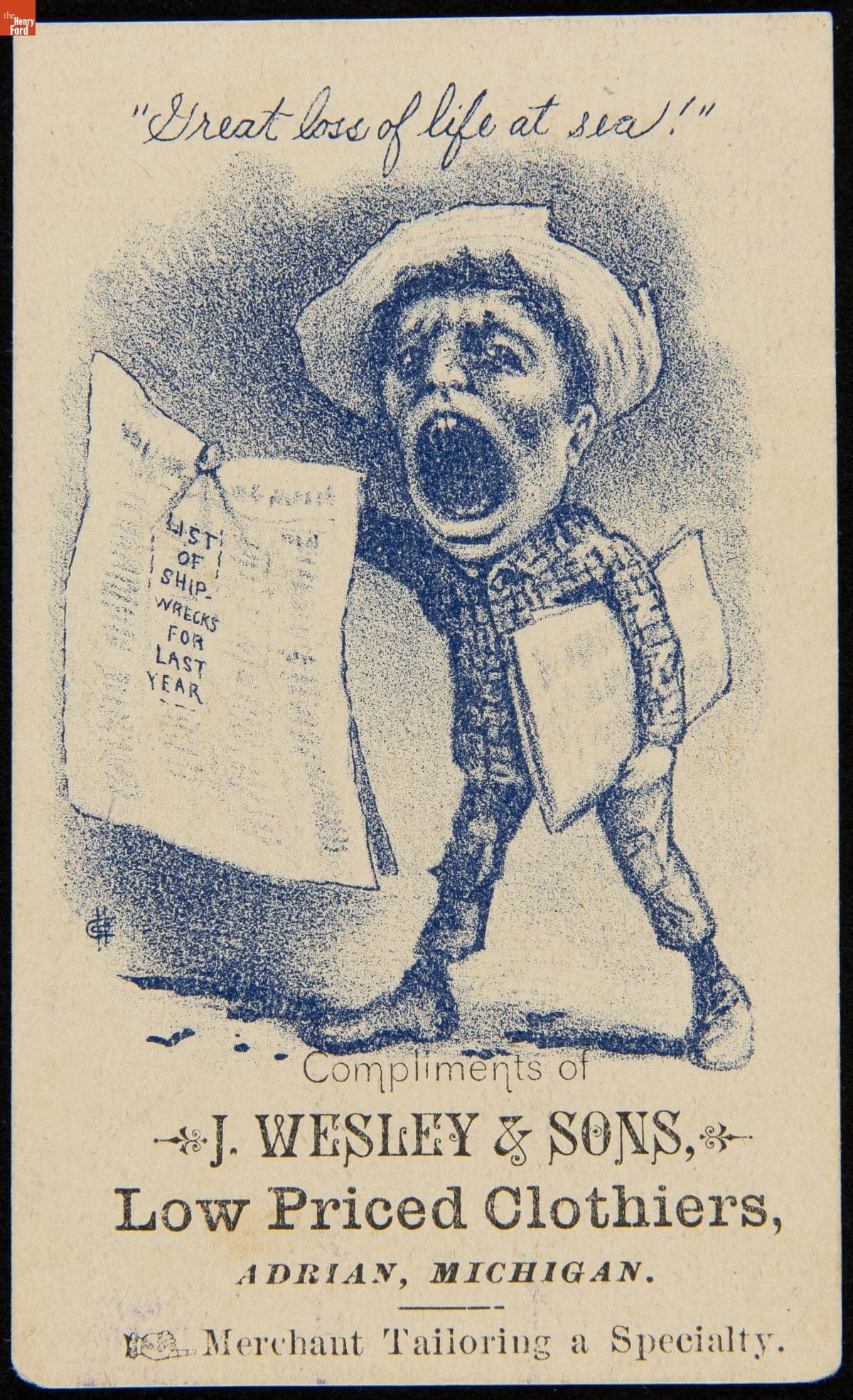 Trade Card for J. Wesley & Sons Low Priced Clothiers, circa 1860