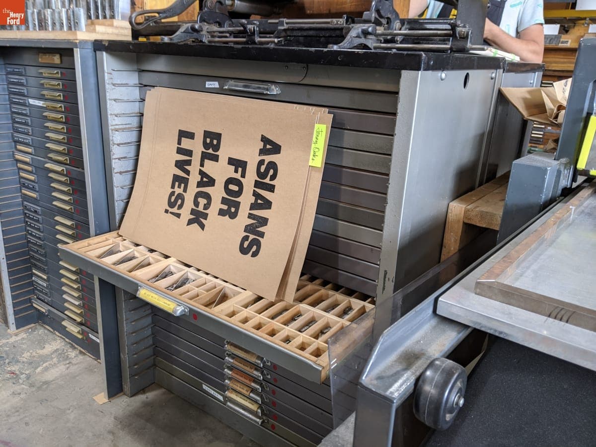 "Asians for Black Lives!" Protest Poster in the Signal-Return Letterpress Shop, Detroit, Michigan, June 2020