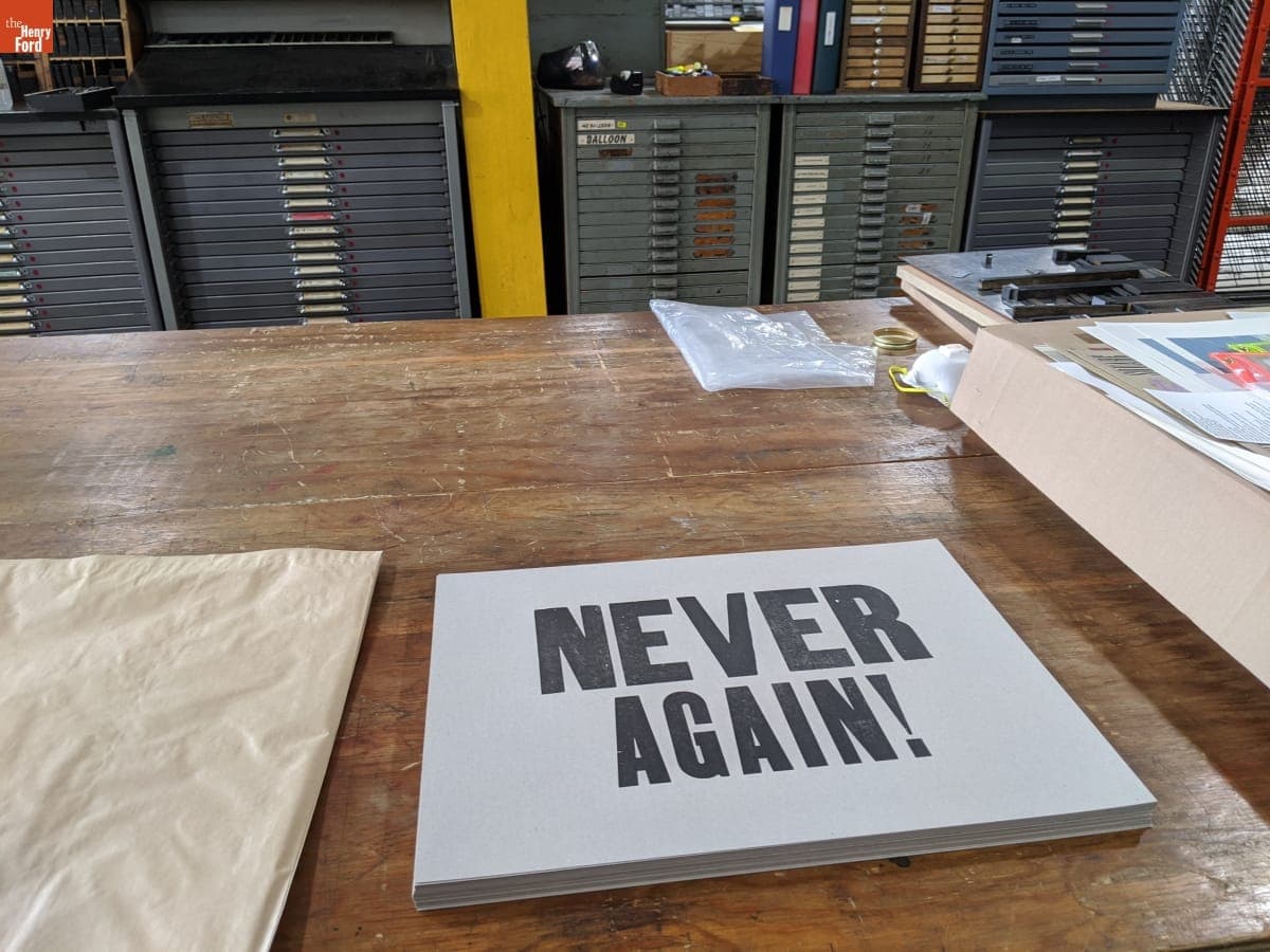 "Never Again!" Protest Poster in the Signal-Return Letterpress Shop, Detroit, Michigan, June 2020