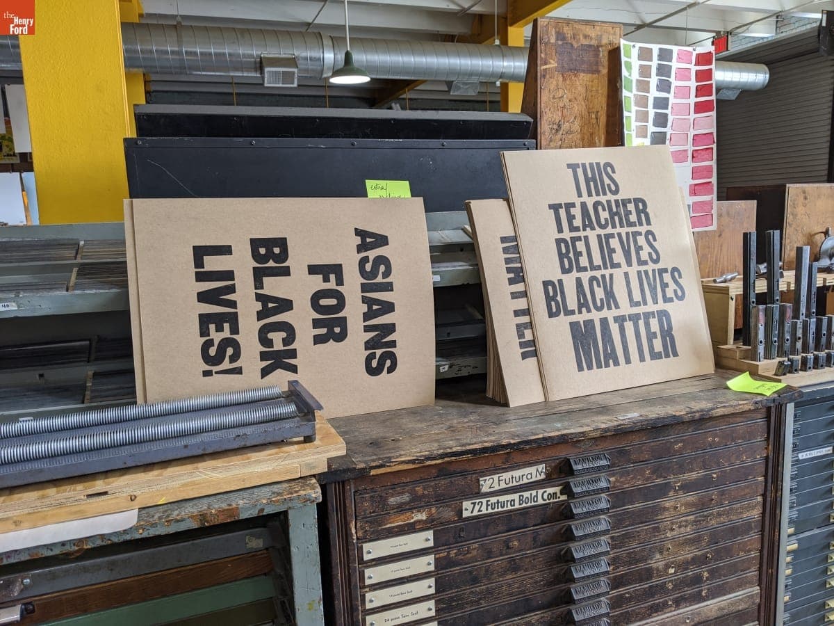 Protest Posters inside Signal-Return Letterpress Shop, Detroit, Michigan, June 2020
