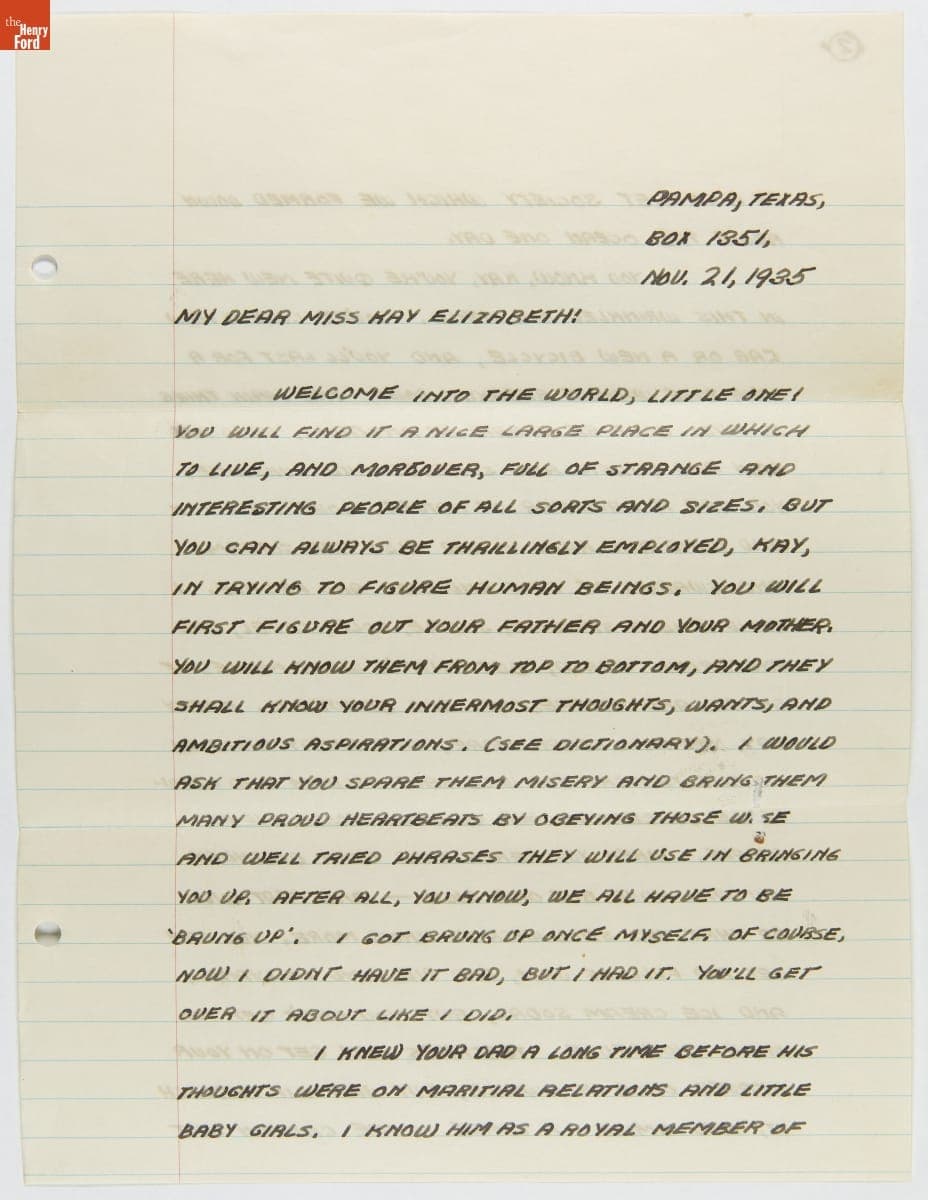 Letter from Woody Guthrie to Kay Elizabeth Dossey, November 21, 1935