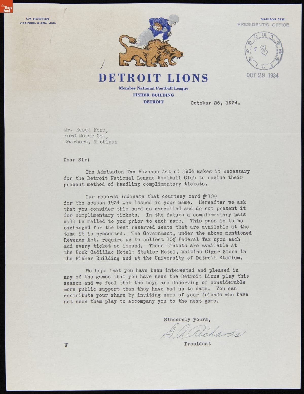 Letter from Detroit Lions President George Richards to Edsel Ford, October 1934