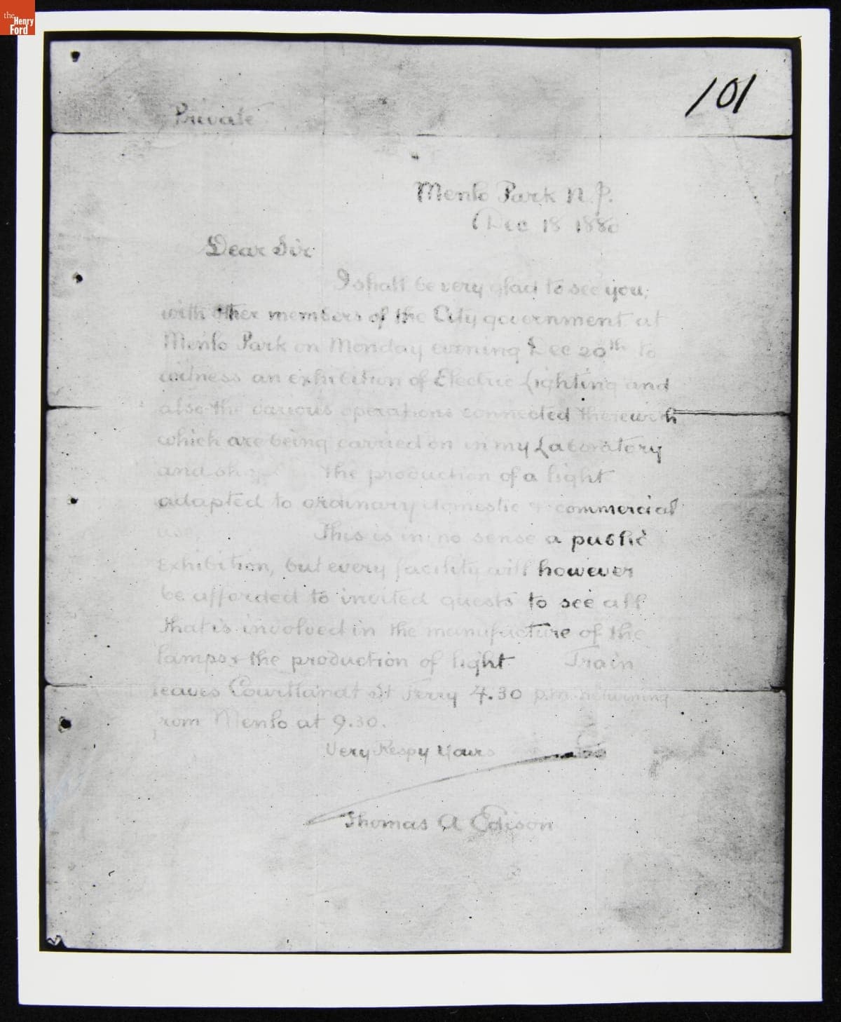 Invitation Sent to Members of "The City Government" for a Lighting Exhibition at Menlo Park Laboratory, December 18, 1880