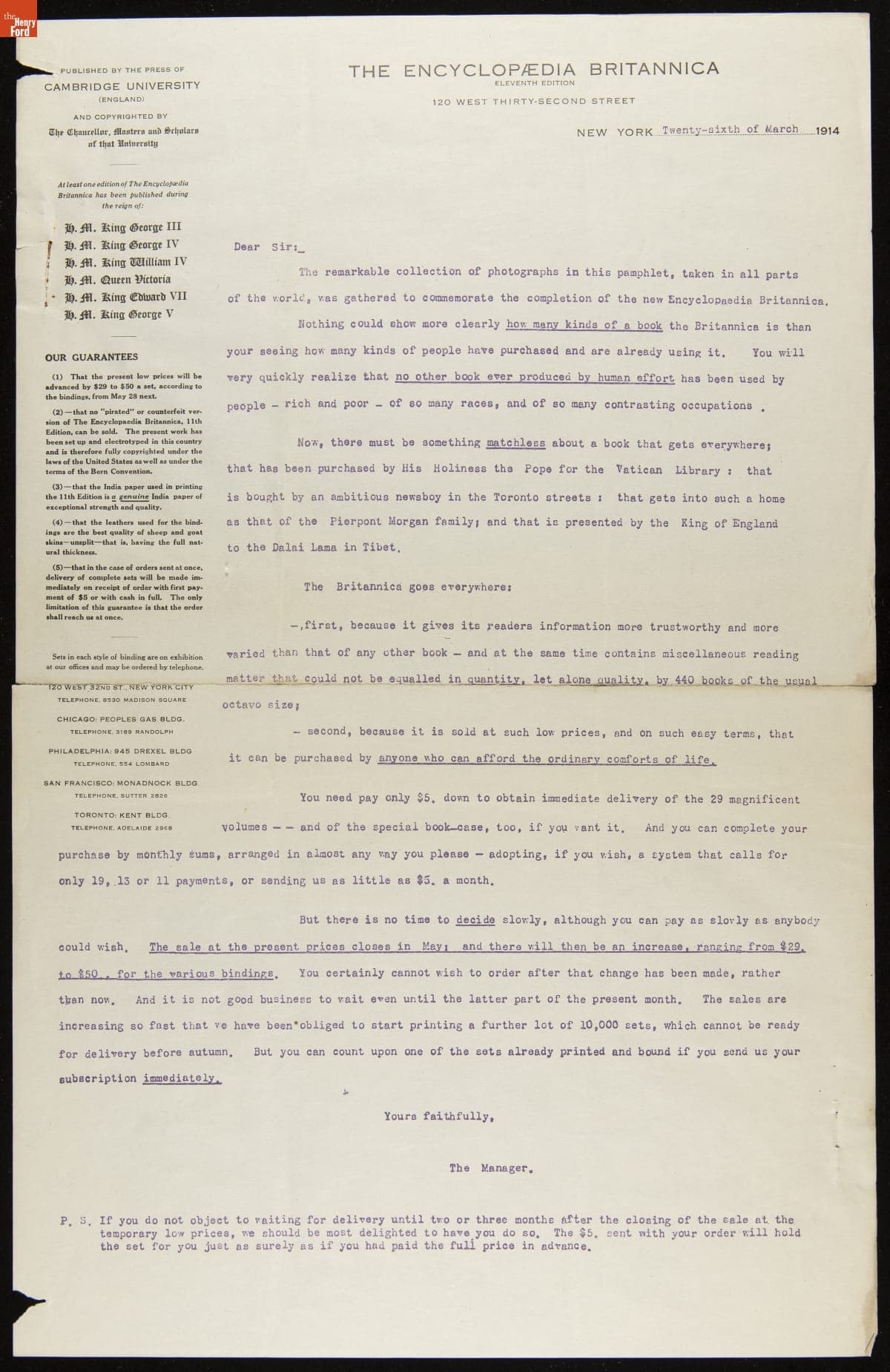 Sales Letter from The Encyclopedia Britannica, 1914