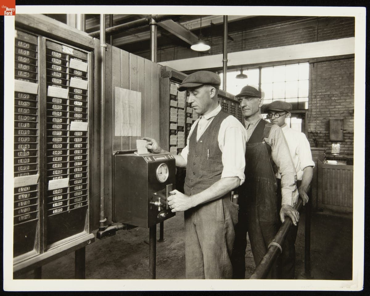 Workers Punching the Time Clock at Packard Automobile Company, circa 1936