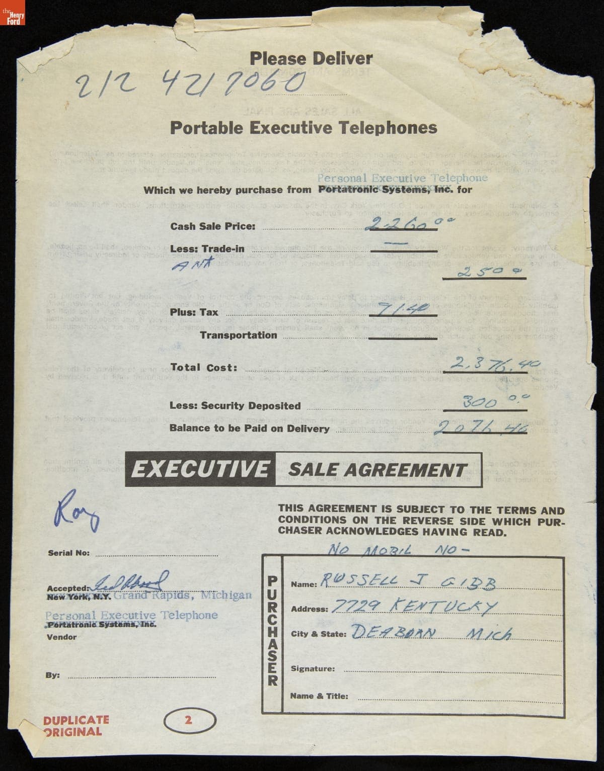Receipt for the Purchase of a Portable Executive Telephone by Russ Gibb, circa 1968