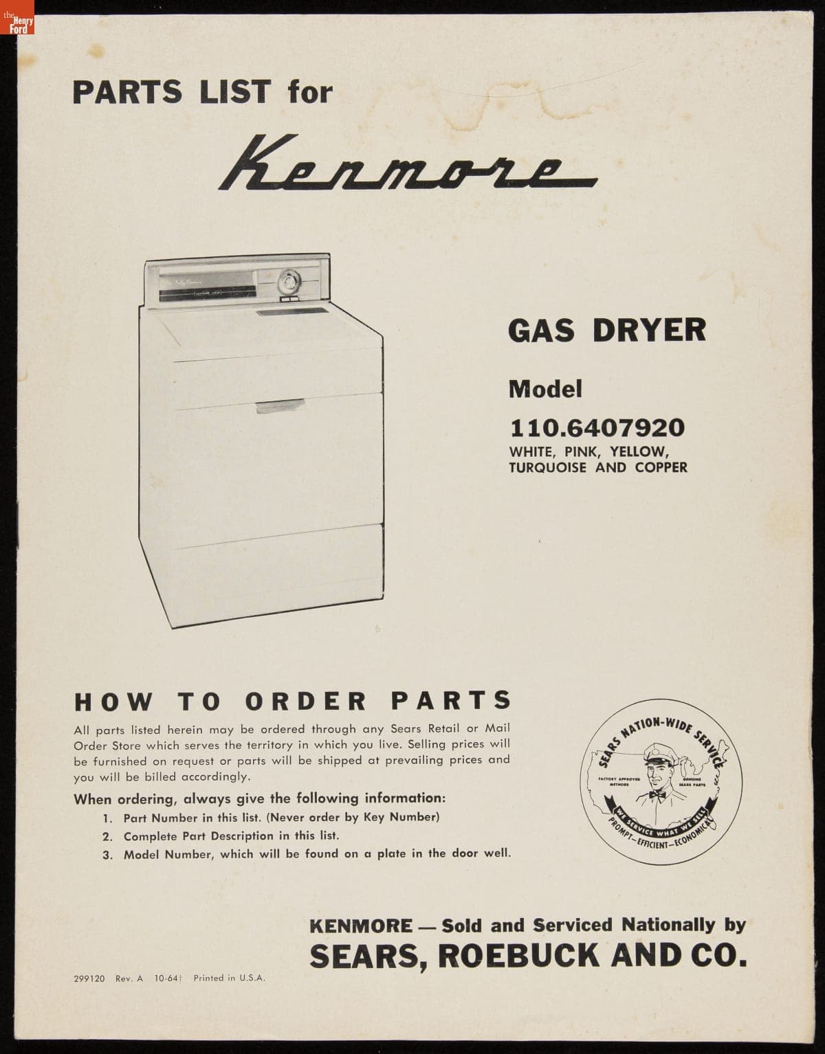 Parts List for Kenmore Gas Dryer Model 110.6407920, 1964