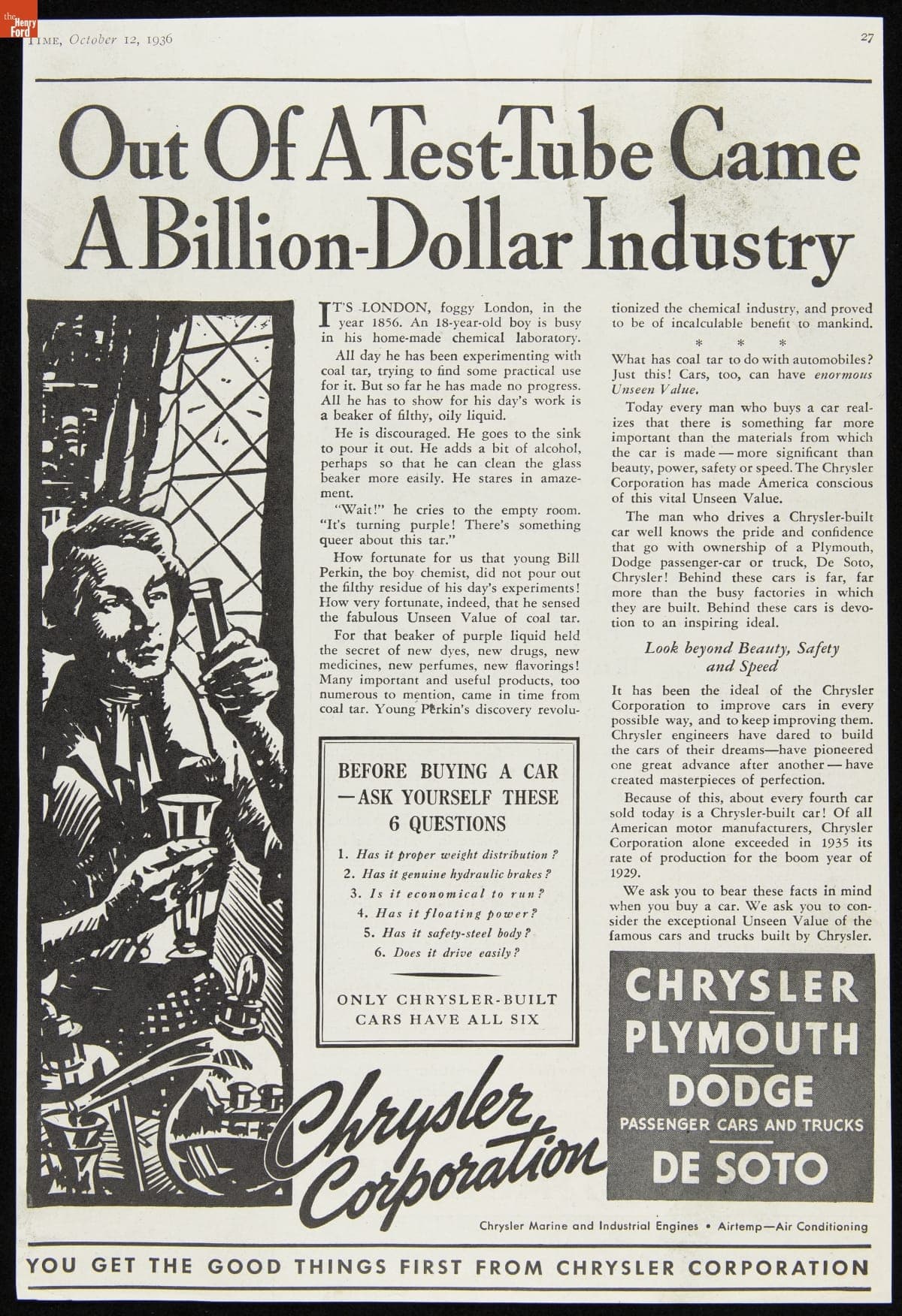 Chrysler Corporation Advertisement, "Out of a Test-Tube Came a Billion-Dollar Industry," October 1936