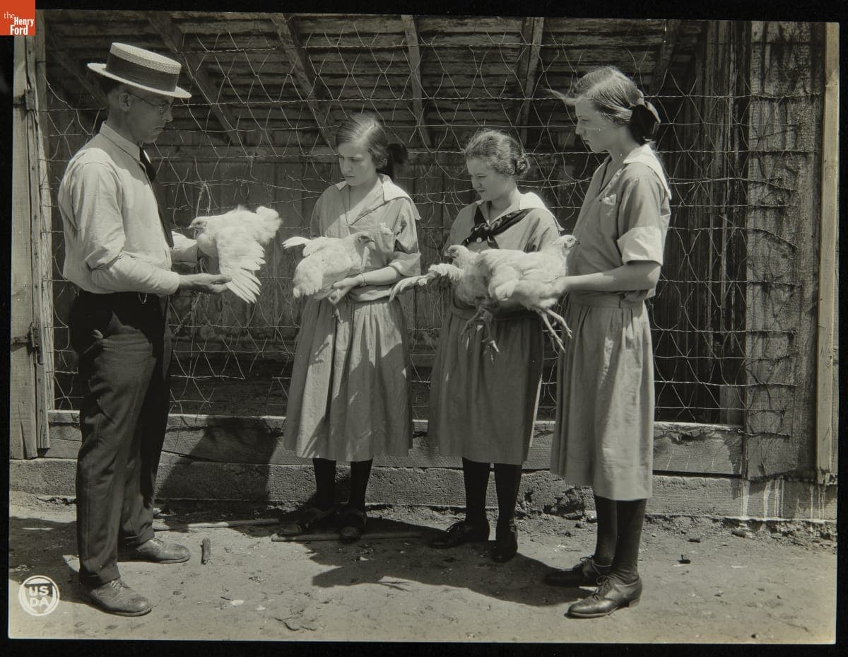 Town Farming Club Agent Shows Club Girls How to Judge Poultry, 1923-1924