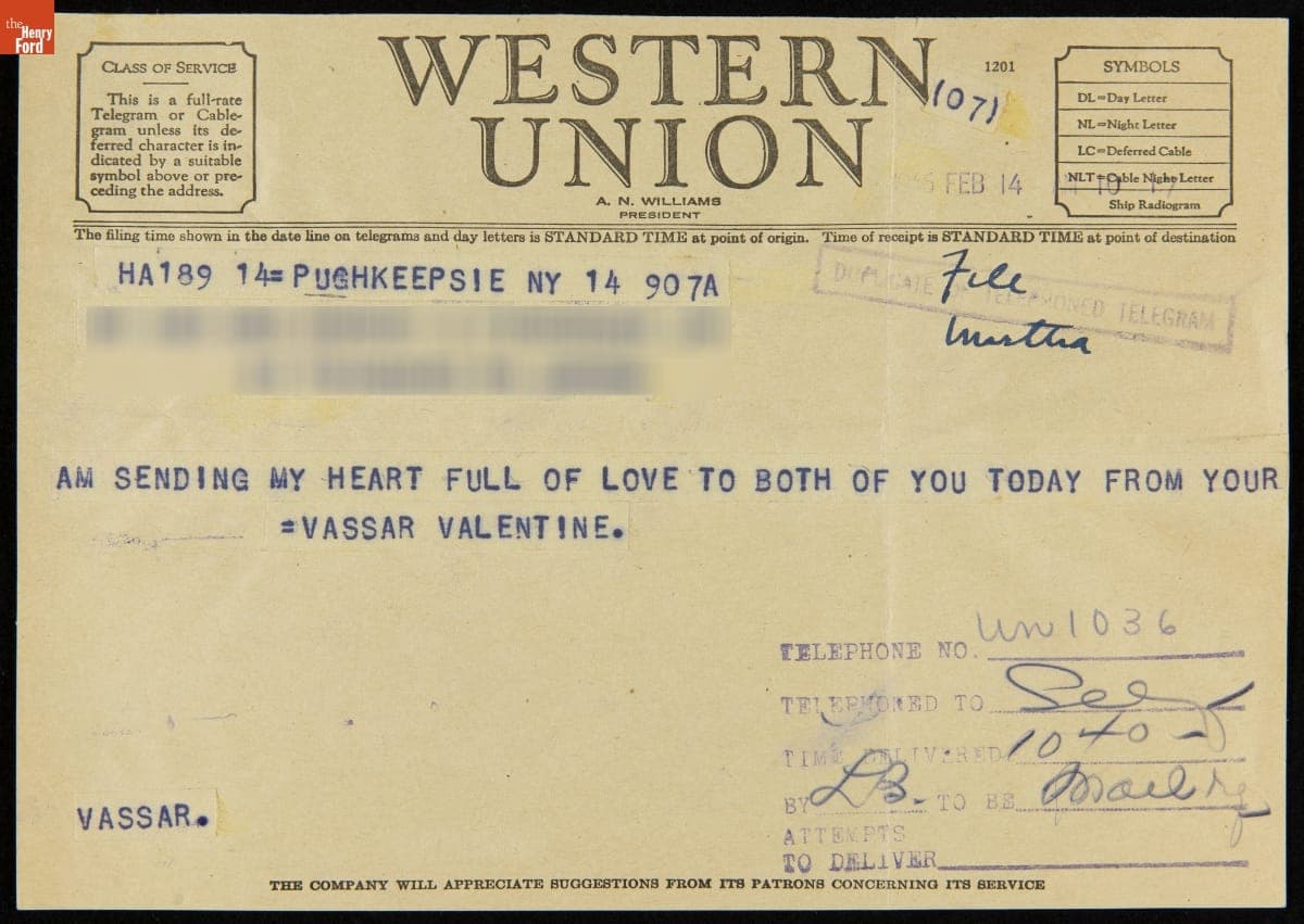 Telegram, Martha Firestone to Her Parents, Mr. and Mrs. Harvey Firestone, Jr., 1942-1946