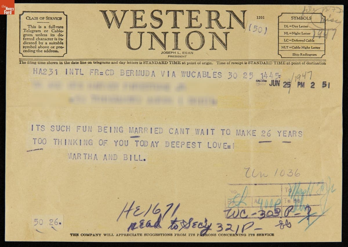 Telegram, Martha and Bill to Mr. and Mrs. Harvey Firestone, Jr., June 25, 1947
