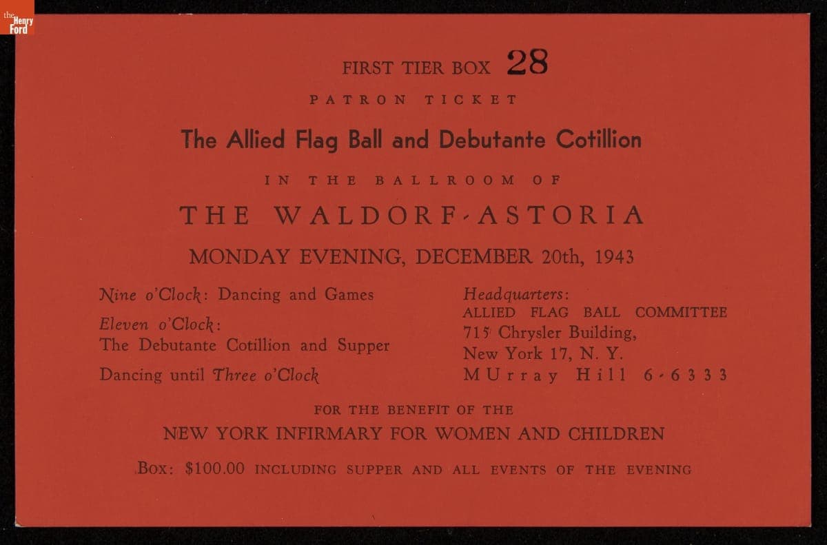 Allied Flag Ball and Debutante Cotillion, Patron Ticket, December 20, 1943