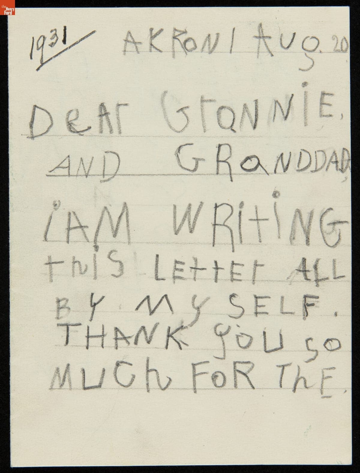 Letter Written by Martha Firestone to "Grannie and Grandad," August 20, 1931