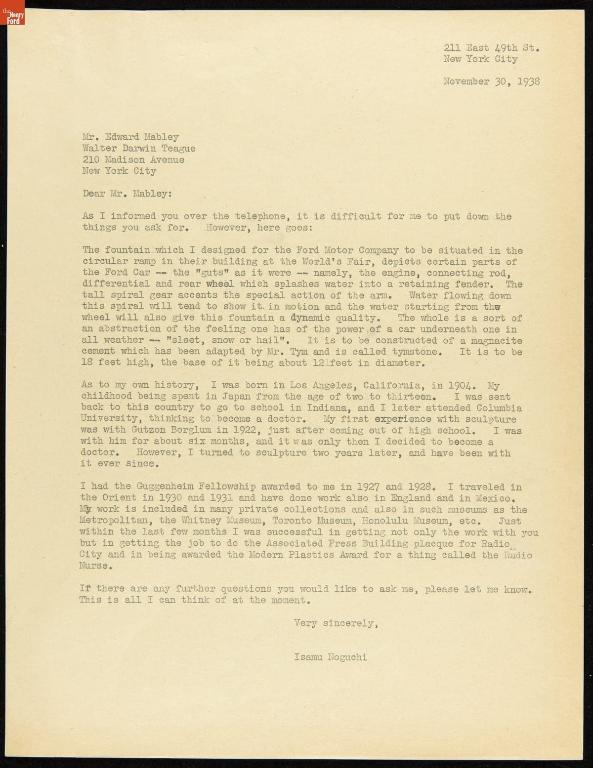 Letter from Isamu Noguchi regarding His Design of a Fountain for Ford Motor Company's World's Fair Exhibit Building, 1938