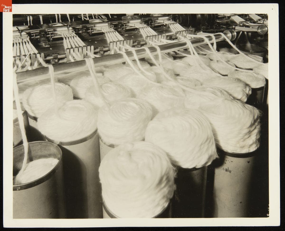 Large Thread from Combing Machines Wound into Cans, circa 1935