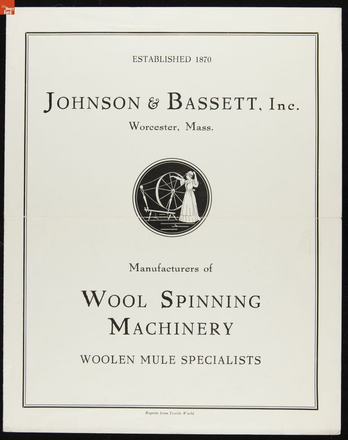 Johnson & Bassett, Inc. Catalog, "Manufacturers of Wool Spinning Machinery, Woolen Mule Specialists," circa 1939