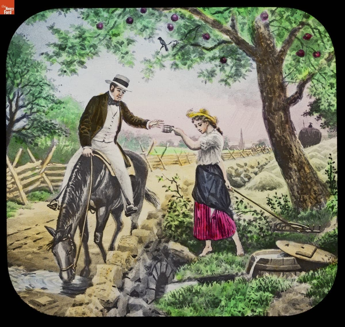 Lantern Slide, Maud Muller Series, "And Blushed as She Gave It, Looking Down on Her Feet So Bare, and Her Tattered Gown," 1894