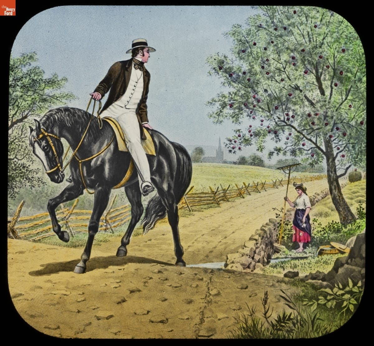 Lantern Slide, Maud Muller Series, "The Judge Looked Back as He Climbed the Hill, and Saw Maud Muller Standing Still," 1894